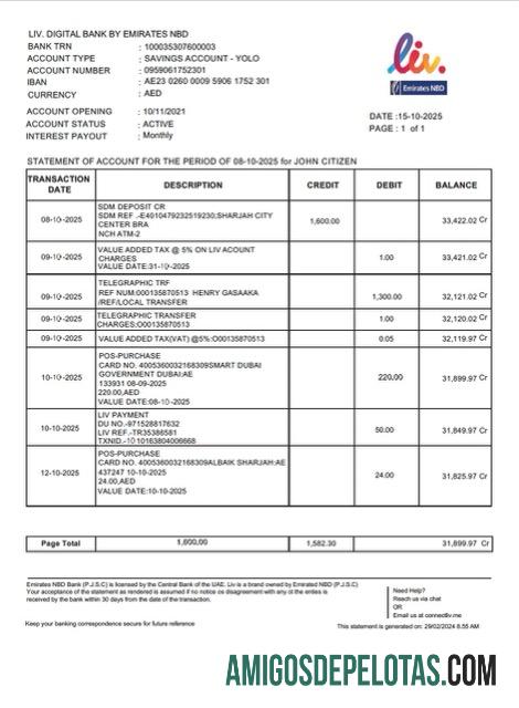 imprimível Emirados Árabes Unidos Liv. Extrato bancário digital modelo Word e PDF